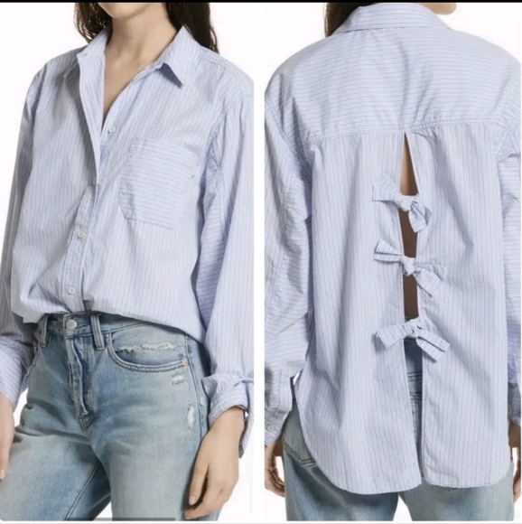 Free People Tops - Free People Tie It In A Bow Oversized Cotton Shirt Blouse women's XS blue stripe